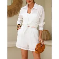 Conjunto Camisa E Short Com Forro （P36-G1 44）Branca Camisa Praia Manga Caindo Social Cintura Elastico Bortao Frontal