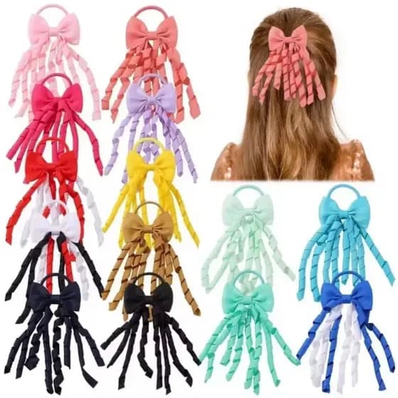 Laço de cabelo com fitas encaracoladas, elástico, Xuxinha com Laço e fitas coloridas