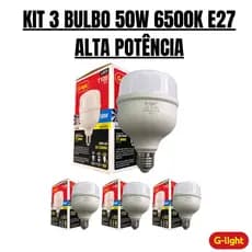 KIT 3 LÂMPADA LED BULBO 50W ALTA POTÊNCIA 6500K E27 BIVOLT GLIGHT