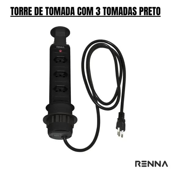 TORRE DE TOMADA COM 3 TOMADAS PRETO - RENNA