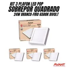 KIT 3 PLAFON 24W AVANT POP LED SOBREPOR QUADRADO PAINEL BRANCO FRIO 6500K
