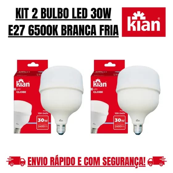 Kit 2 Lâmpada Bulbo Led 30w Branca Fria 6500k E27 Kian