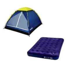 Kit Barraca Camping 4 Pessoas + Colchão Inflável de Casal Bomba Embutida Camping Praia Mor