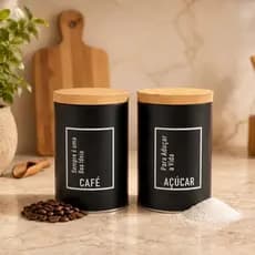 Kit 2 Potes Organizadoras Premium De Metal Porta Café E Açúcar Preto Cozinha ENVIO IMEDIATO