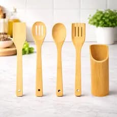 Kit Utensílios de BAMBU 5 peças Cozinha Casa Colher Espátula suporte Anti Fungos ENVIO IMEDIATO