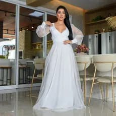 Vestido Feminino Sônia  Anair Vestido de Casamento Feminino Longo Noiva Civil Tule com brilho