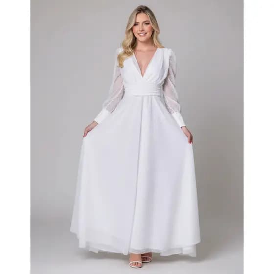 Vestido Feminino Longo  Noiva Daniella Tule Poá Branco Casamento Civil