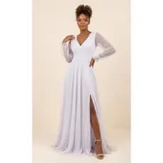 Vestido Feminino Noiva Civil Longo Transpassado Tule e Brilho Fenda