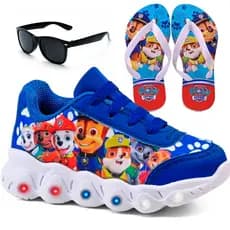 Kit Tênis Infantil Menino Patrulha Canina Com Led + Chinelo Infantil + Óculos Infantil