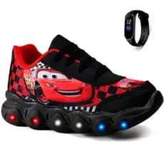 Kit Tênis Infantil Menino Relâmpago McQueen Com Led + Relógio Digital