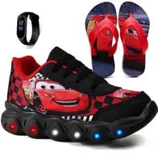 Kit Tênis Infantil Relâmpago McQueen Com Led + Chinelo Infantil + Relógio
