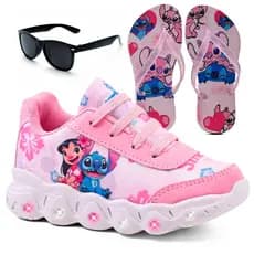 Kit Tênis Infantil Menina Stitch Com Led + Chinelo Infantil + Óculos Infantil