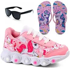 Kit Tênis Infantil Unicórnio Menina De Led + Chinelo Infantil + Óculos Infantil