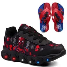 Kit Tênis Infantil Menino Aranha Com Led Leve Confortável  + Chinelo Infantil Masculino Macio Barato
