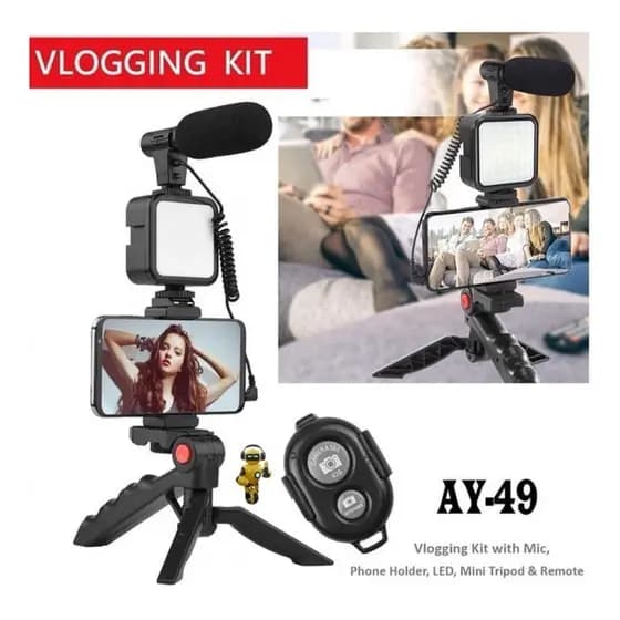 Kit Youtuber Tripe Vlog Live Suporte Celular Led com Microfone Fazer Vídeos e controle