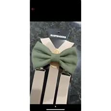 Kitgravata borboleta verde oliva + suspensorio bege 4 adultos 2 infantil