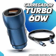 Carregador Veicular Turbo 60W Carga Rápida USB-C PD Tipo C Carro Bivolt Cabo