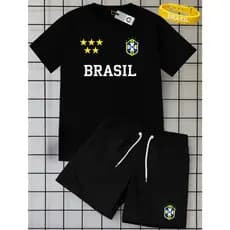 Short e Blusa Brasil Estampado Verão Jogo Copa Calor Conjunto Time Estrela