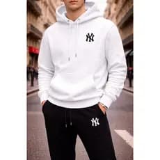 Conjunto Moletom NW Basico Branco e Preto Confortavel Quente Calça de Ribana