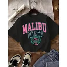 Camiseta Tradicional Malibu Slim Basica Verão Estampada de Algodão Feminina