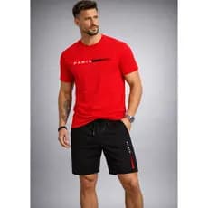 Conjunto Tradicional Vermelho Paris Camiseta e Short Masculino Basico Slim Casual