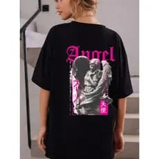Camiseta Oversized Grande Manga Curta Angel Rosa Preta e Branca Feminina Verão Algodão 100%