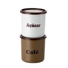 Kit C/2 Potes Plástico Porta Mantimentos Café E Açúcar 1,3l Marrom/Branco