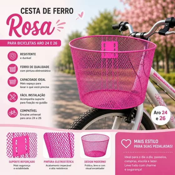 Cesta Rosa Para Bicicleta Aro 24 26 Cestão Grande Aço Bike Feminina Com Aste e Suporte