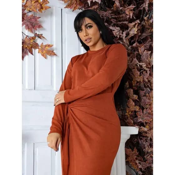 Vestido Feminino Lã Manga Longa Com Fenda Elegante Premium