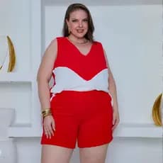 Conjunto Feminino Plus Size Curve Regata e Short Bicolor Com Bolsos Duna