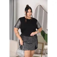 Conjunto Feminino com Manga de Paetê Plus Size Curve Moda Night Fashion
