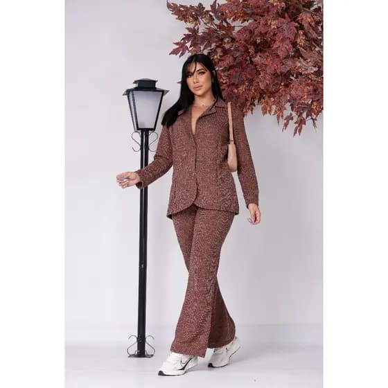 Conjunto Feminino Blazer e Calça Social Cós Alto Malha Ribana Elegante Versátil