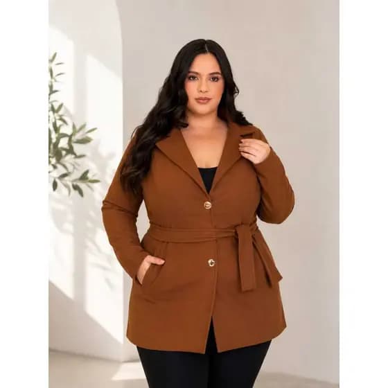 Casaco Plus Size Feminino Lã Batida Sobretudo Elegante Com Cinto Inverno