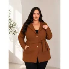 Casaco Plus Size Feminino Lã Batida Sobretudo Elegante Com Cinto Inverno
