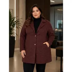 Casaco Feminino Plus Size Longo Blazer Elegante Malha Ribana Com Bolso Premium