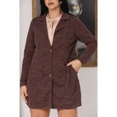 Casaco Feminino Longo Malha Ribana Com Bolso Blazer Elegante Confortável Moda Outono Inverno