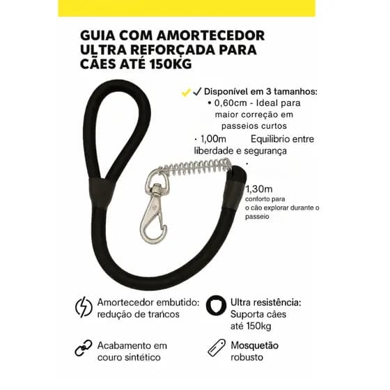 Guia com Amortecedor Anti Impacto 60cm 1m e 1m30 Reforçada Resistente para Cães Forte Adestramento