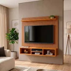 Home Painel Suspenso Simples Tv Sala 50 Pol Ripado Com Nicho Ripado / Preto Off White Naturale