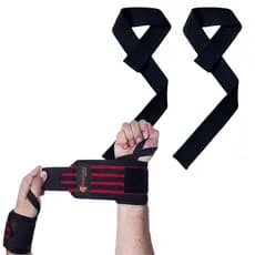 Kit Par Munhequeira Elástica + Par Tala Strap 100% Algodão P/Musculação Academia