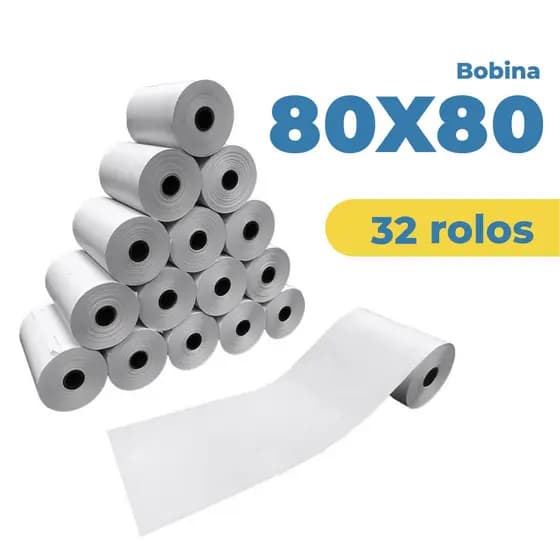 32un Bobina Térmica 80mm 80x80 Pdv Cupom Fiscal Caixa c/ 32 un Unidades Branca