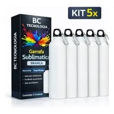05 Garrafa de Alumínio Branca com Tampa Mosquetão para Sublimação Garrafinha Squeezer 600ml Orca
