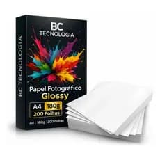 200 Folhas de Papel Fotográfico 180g Premium A4 Glossy (Brilhante) p/ Impressão Jato de Tinta