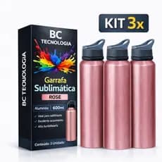 Kit 3x Garrafa de Alumínio Rose com Tampa Sport para Sublimação 600ml