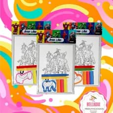 10 kits de Revistinha Personalizada de colorir, com lapela 2mini giz+ 3mini massinhas + cortador TODOS OS TEMAS HEROIS