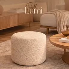 Puff Lumi Redondo Estofado Boucle e Linho Moderno Organico Multiuso Escandinavo Confortável para Sala, Apoio de Pés
