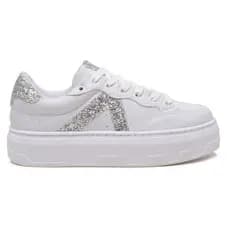 Tênis Casual Branco Glitter V com Cadarço combina com Vestido, Short, Saia