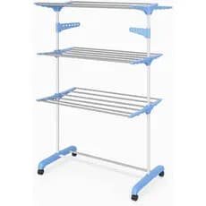 Varal de Roupa Articulado, 3 Andares, Azul, Aço Inox, Dobrável com Rodas, 166 cm de Altura, Suporte Roupas Calçados