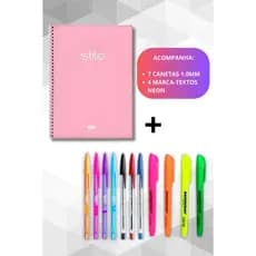 Caderno 1 Matéria Stilo Jandaia + 7 Canetas Variadas + Marca-textos Neon Kit Simples