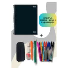 Caderno 1 Matéria Tilibra Zip Preto + Estojo Simples + Canetas e Outros Itens Essenciais | 17 Peças