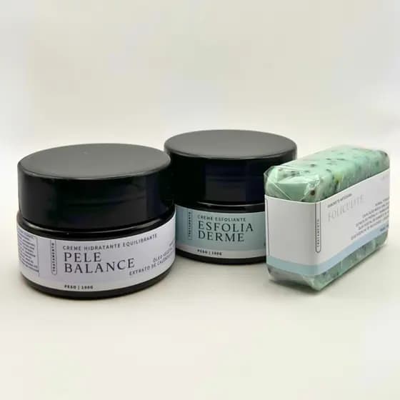 Kit Pele Balance + Esfolia Derme + Sabonete Foliculite, Tratamento Foliculite Esfoliação Hidratação e Reequilíbrio
